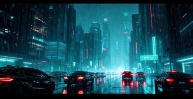 Ciudad futurista brillante con reflejos abstractos