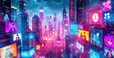 Ciudad futurista digitalmente vibrante e influyente