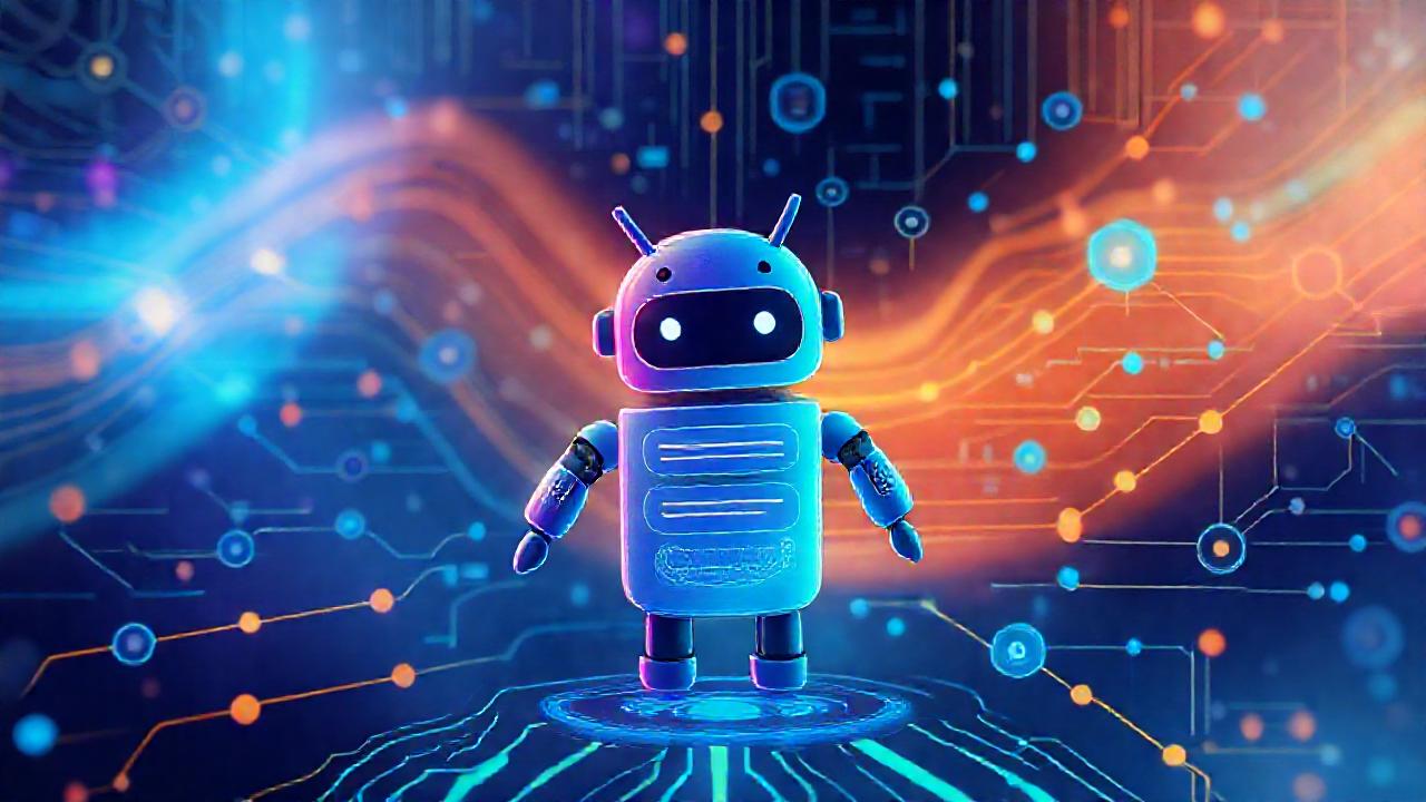 Un chatbot Android futurista y colorido