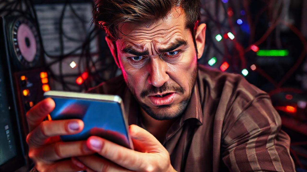 Un hombre frustrado enfrenta un fallo digital