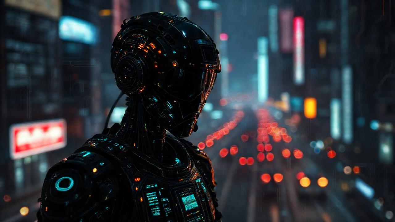 Android cibernético en ciudad digital oscura