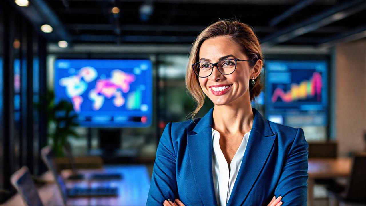 Una profesional exitosa conecta digitalmente con optimismo