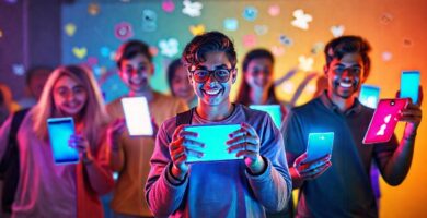 Jóvenes en redes sociales vibrantes y modernas