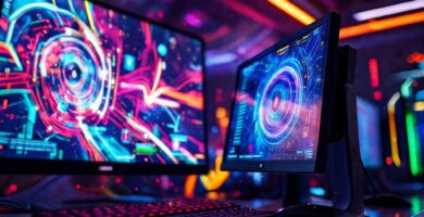 Un escritorio de juego futurista y brillante