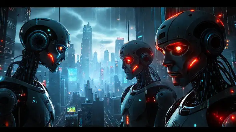Ciudad futurista, robótica y ominosa digitalmente